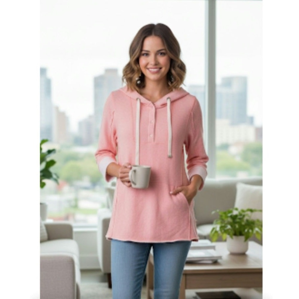 Soft Surroundings Pop Over Hooded Top XS Womens 3/4 Sleeve Soft Red Lagen Look